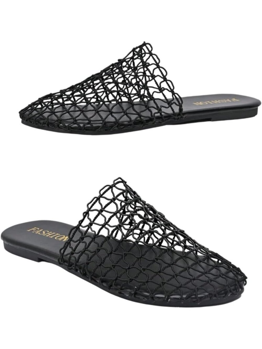 Women's Black Summer Fishnet Mesh Through Hollow Out Slip On Slides Flat Sandals